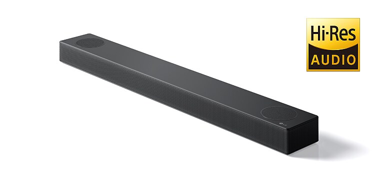 รูปภาพเต็มของ LG Sound Bar ทางด้านขวาพร้อมโลโก้ LG ที่มุมขวาล่างของผลิตภัณฑ์ โลโก้ Hi-Res AUDIO จะแสดงที่ด้านขวาหรือรูปภาพ