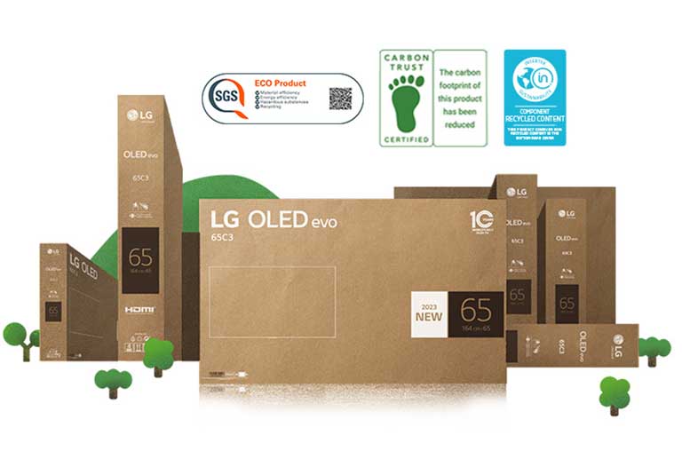 บรรจุภัณฑ์กระดาษแข็งของ LG OLED ที่เป็นมิตรกับสิ่งแวดล้อมแสดงให้เห็นรอบๆ ต้นไม้และภูเขาที่เจริญรุ่งเรือง