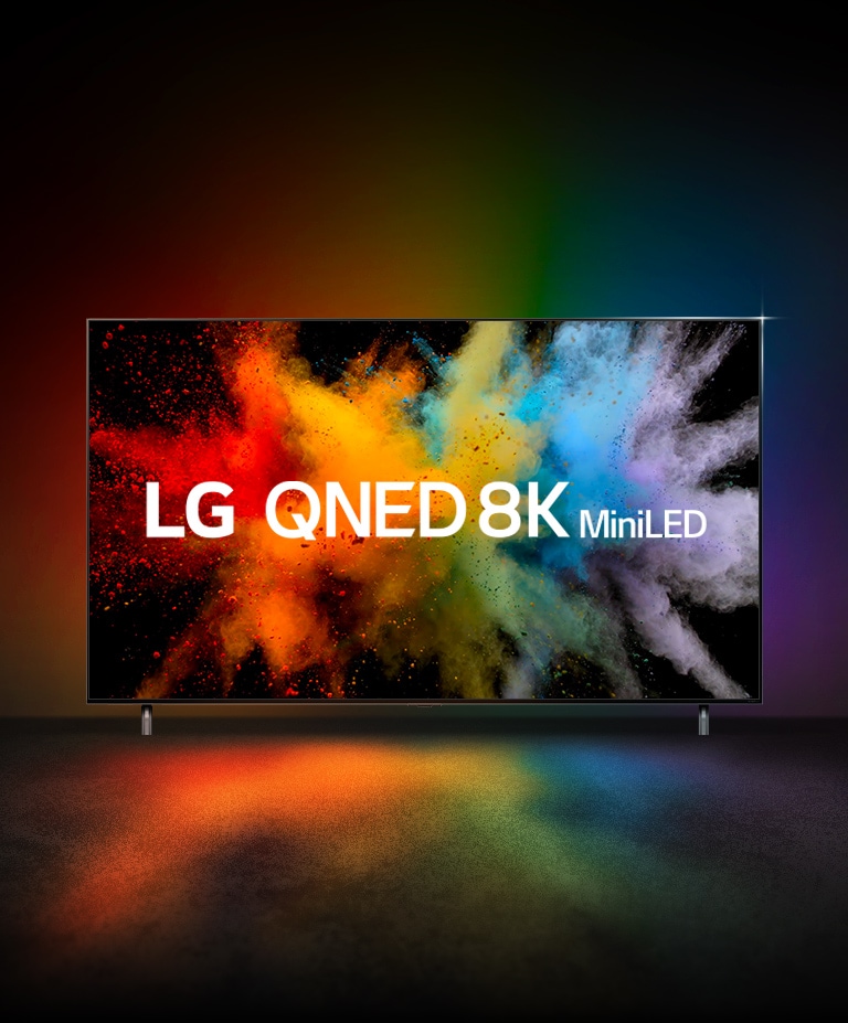 กราฟิกเคลื่อนไหวของ QNED และ NanoCell ซ้อนทับกันและระเบิดเป็นผงสี โลโก้ LG QNED 8K miniLED ปรากฏบนทีวี