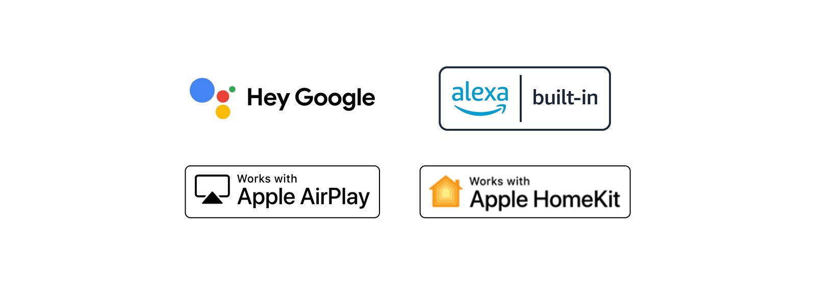 โลโก้สี่ตัวถูกแทนที่ตามลำดับ – สวัสดี Google, alexa ในตัว, ทำงานร่วมกับ Apple AirPlay, ทำงานร่วมกับ Apple HomeKit