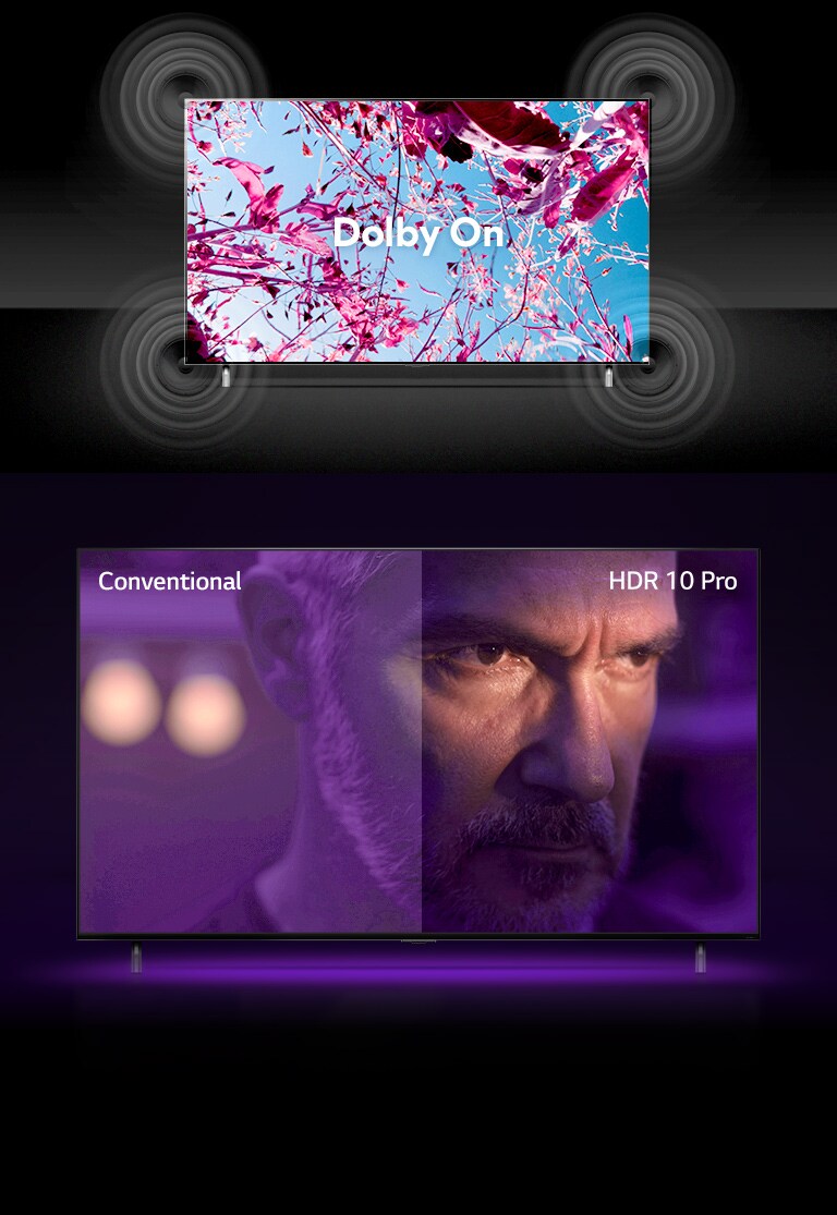 หน้าจอทีวีของ QNED แสดงดอกเรพซีดสีชมพูบนทุ่งฤดูร้อน และข้อความตรงกลางระบุว่า Dolby OFF รูปภาพในหน้าจอจะสว่างขึ้นและข้อความจะเปลี่ยนเป็น Dolby ON ด้านล่างมีทีวี QNED อีกเครื่อง และมีชายชราคนหนึ่งที่ดูโมโหบนหน้าจอ ภาพบนหน้าจอทีวีแบ่งออกเป็นสองส่วน ครึ่งซ้ายของภาพดูจืดชืดและสีสดใสน้อยกว่า ในขณะที่ครึ่งขวาของภาพดูสดใสและมีสีสันมากกว่า ที่มุมบนซ้ายเขียนว่า "แบบปกติ" มุมบนขวาเขียนว่า "HDR 10 PRO"