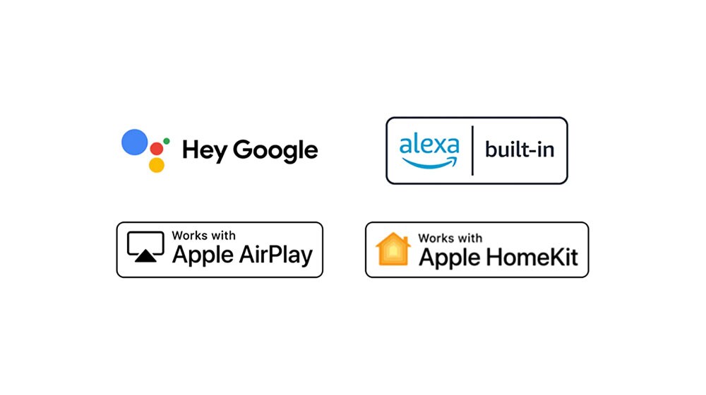 โลโก้สี่ตัวถูกแทนที่ตามลำดับ – สวัสดี Google, alexa ในตัว, ทำงานร่วมกับ Apple AirPlay, ทำงานร่วมกับ Apple HomeKit