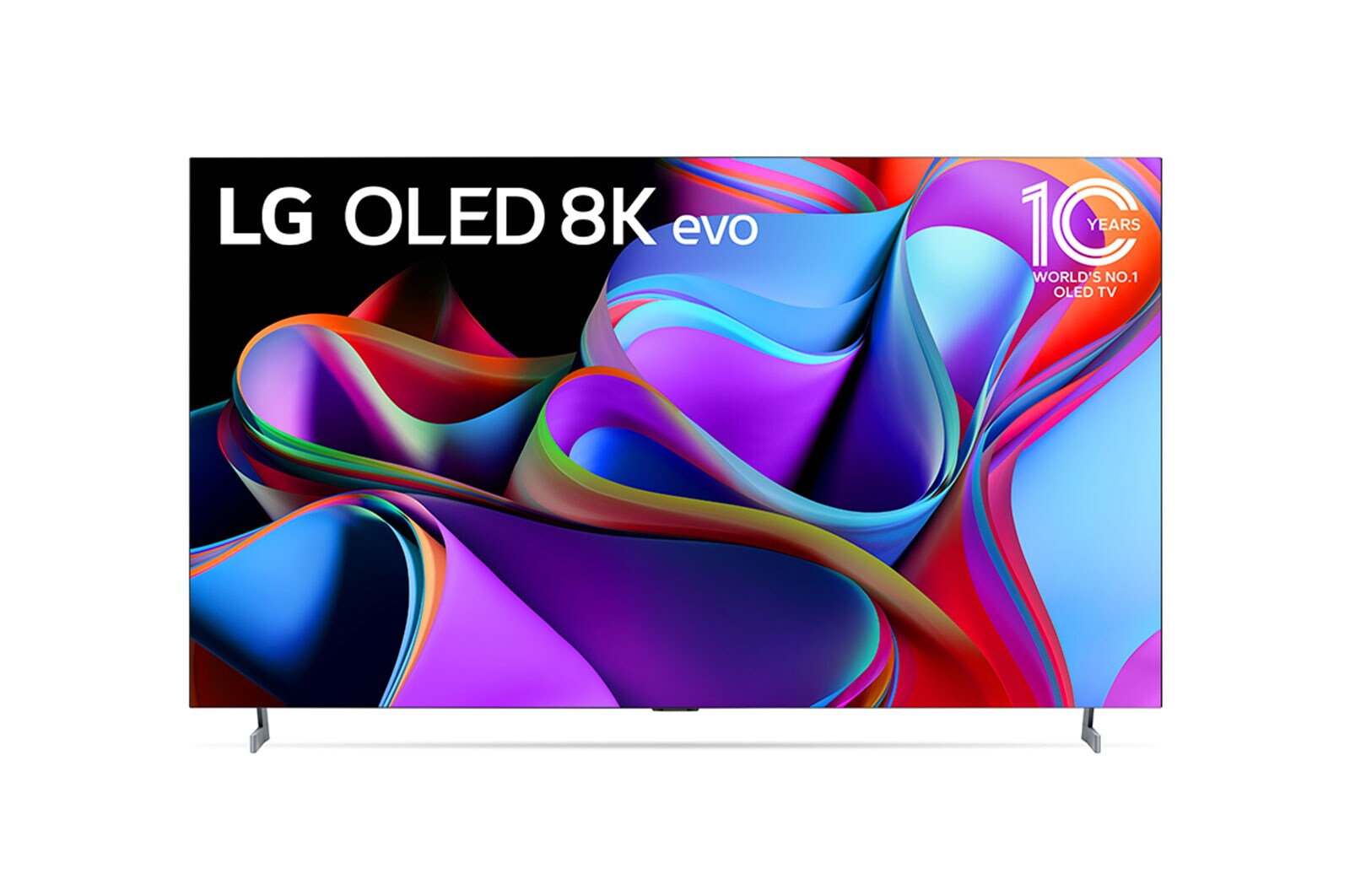 มุมมองด้านหน้า พร้อมด้วย LG OLED 8K evo, สัญลักษณ์ 10 ปี OLED อันดับ 1 ของโลก
