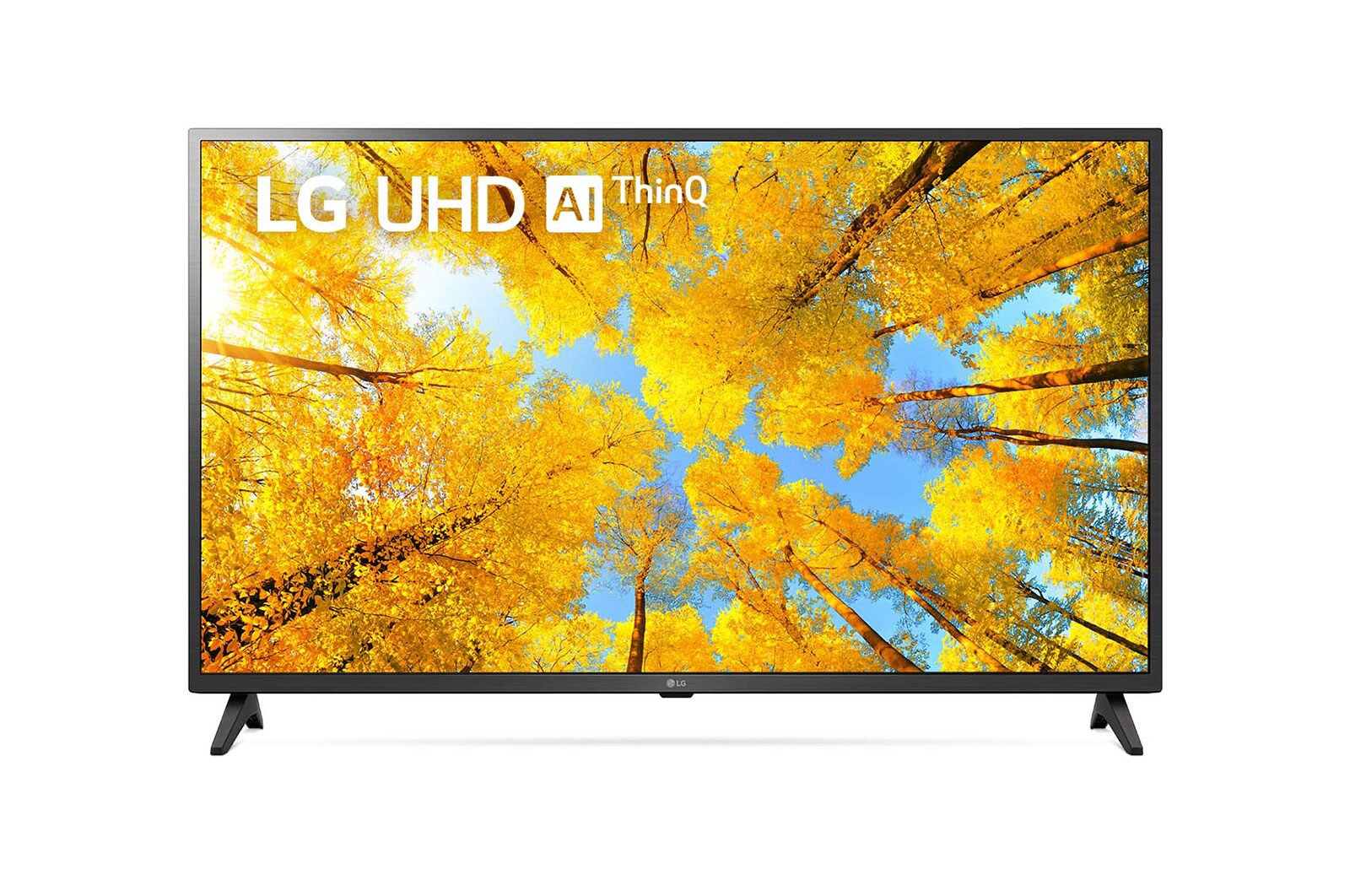มุมมองด้านหน้าของทีวี LG UHD พร้อมรูปภาพและโลโก้ผลิตภัณฑ์