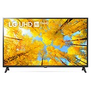 มุมมองด้านหน้าของทีวี LG UHD พร้อมรูปภาพและโลโก้ผลิตภัณฑ์
