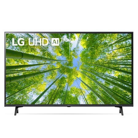 มุมมองด้านหน้าของทีวี LG UHD พร้อมรูปภาพและโลโก้ผลิตภัณฑ์