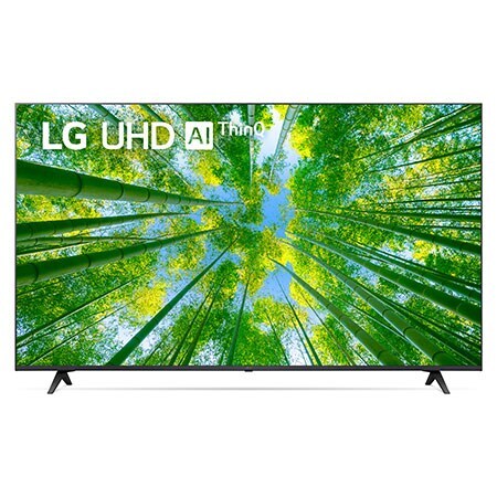 มุมมองด้านหน้าของทีวี LG UHD พร้อมรูปภาพและโลโก้ผลิตภัณฑ์