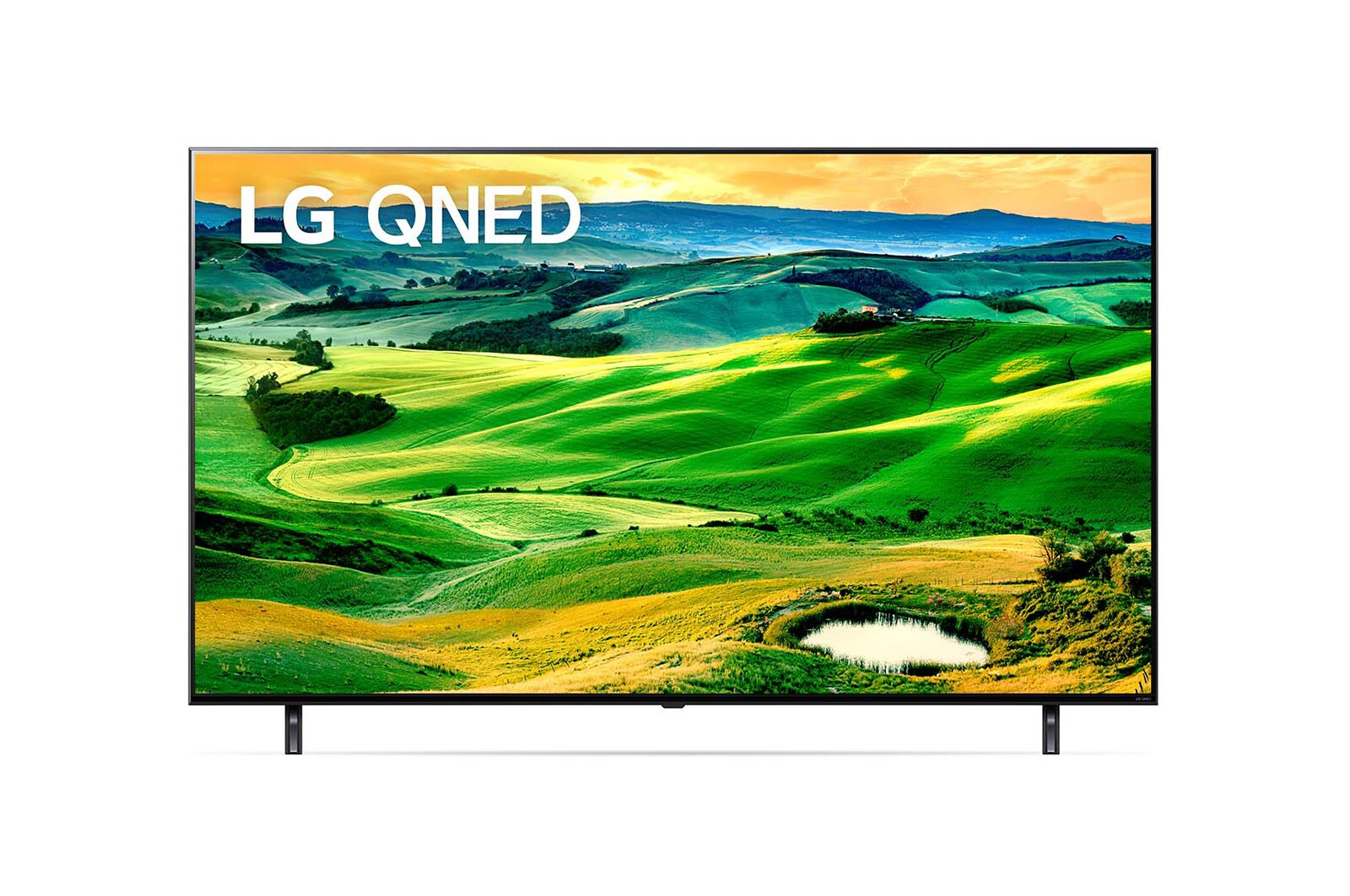 มุมมองด้านหน้าของทีวี LG QNED พร้อมรูปภาพและโลโก้ผลิตภัณฑ์