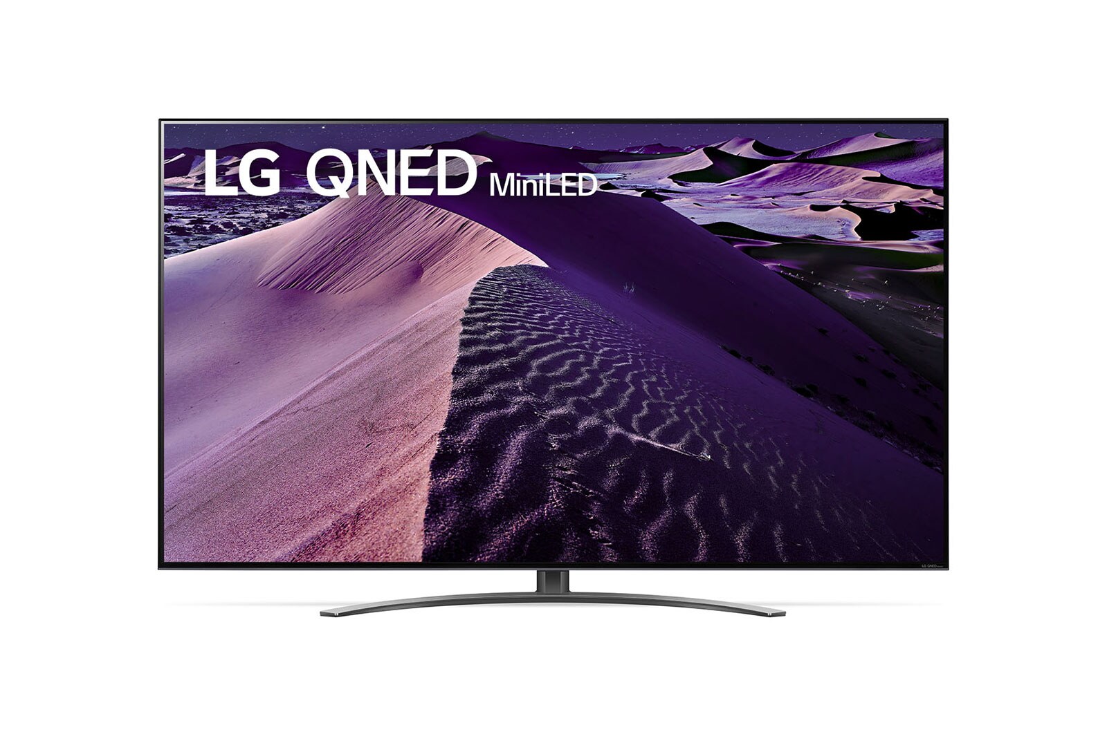 มุมมองด้านหน้าของทีวี LG QNED พร้อมรูปภาพและโลโก้ผลิตภัณฑ์