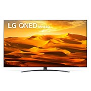 มุมมองด้านหน้าของทีวี LG QNED พร้อมรูปภาพและโลโก้ผลิตภัณฑ์