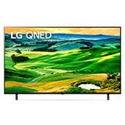 มุมมองด้านหน้าของทีวี LG QNED พร้อมรูปภาพและโลโก้ผลิตภัณฑ์