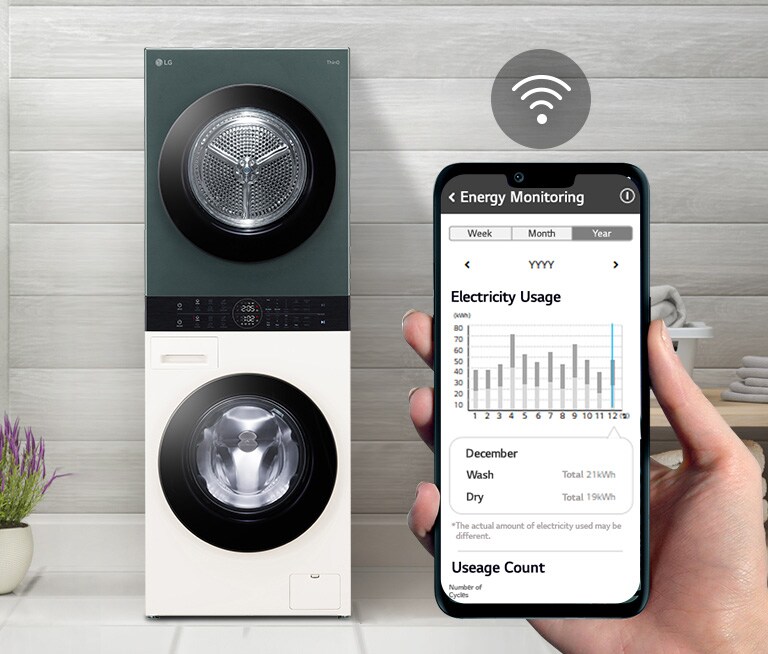 เครื่องซักผ้าอยู่ในห้องซักรีด มือที่ถือโทรศัพท์แสดงหน้าจอต่อกล้องและหน้าจอแสดงข้อมูลการบำรุงรักษาและการใช้พลังงานพร้อมสัญลักษณ์ WiFi เหนือหน้าจอ
