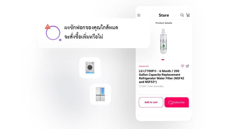 รูปภาพแสดงหน้าจอแอป LG ThinQ ที่กำลังแสดงข้อความแจ้งเตือนต่างๆ เกี่ยวกับการเติมวัสดุสิ้นเปลืองสำหรับบ้านคุณ