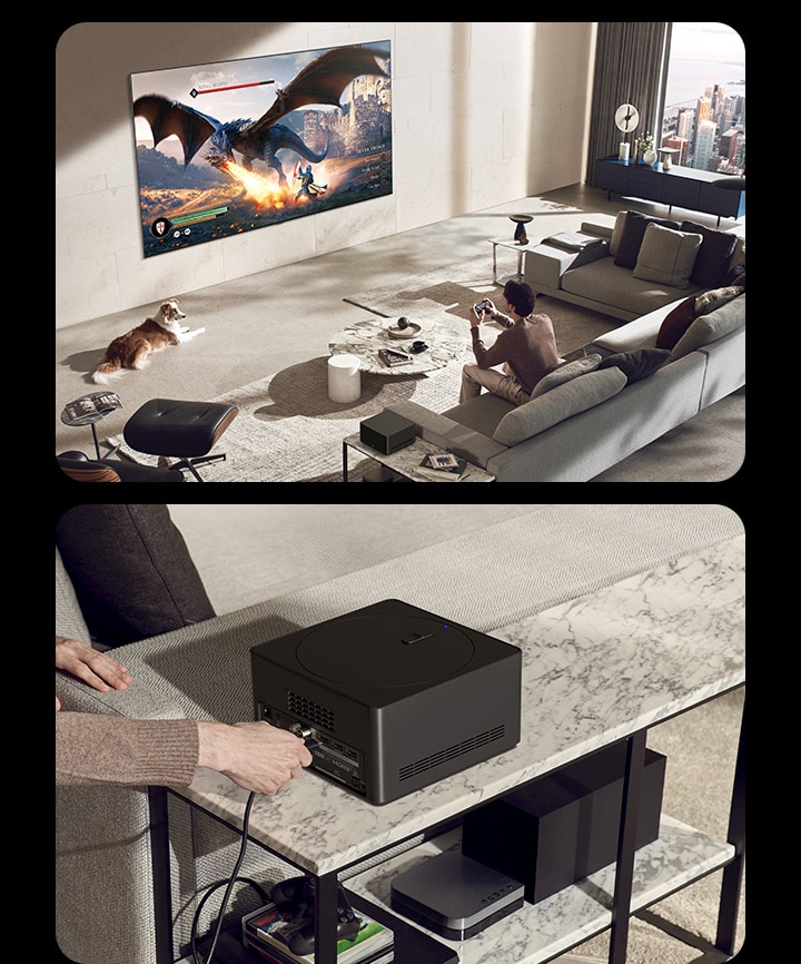 ภาพหนึ่งแสดงให้เห็นชายคนหนึ่งกำลังเล่นเกมบน LG OLED TV ขณะที่สุนัขของเขานอนอยู่บนพื้นในพื้นที่นั่งเล่นแสนสบายที่ตกแต่งในโทนสีกลางๆ เส้นขอบฟ้าของเมืองมองเห็นได้ผ่านหน้าต่าง ไม่มีสายล้อมรอบ LG OLED TV ที่ติดตั้งบนผนัง และ Wireless Connect Box ก็วางอยู่บนโต๊ะข้างอย่างเป็นระเบียบ และอีกภาพแสดงมือของคนกำลังเชื่อมต่ออุปกรณ์เข้ากับกล่อง Wireless Connect Box