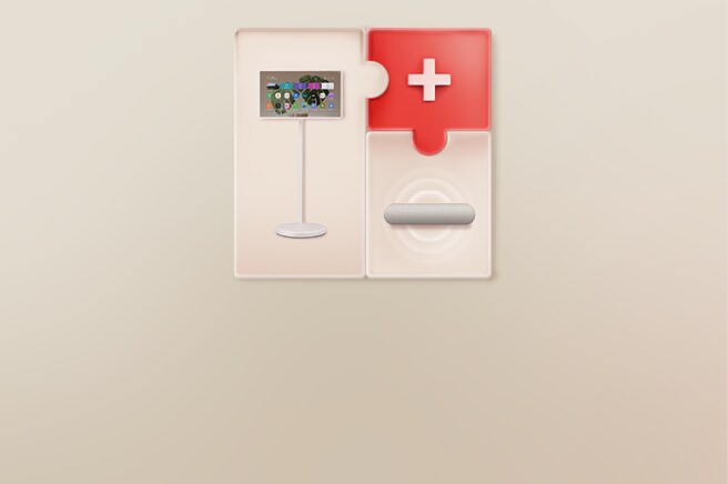 Bir LG StanbyMe ile bir ses sisteminin (Audio) puzzle gibi birleştirilmiş olduğu bir görsel.