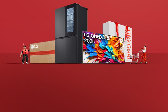 Büyük bir LG buzdolabı ve TV ortada, iki yanında kargo kutuları ve alışveriş çantaları var. Joy ve Rider büyük LG ürünlerine şaşkınlıkla bakıyor