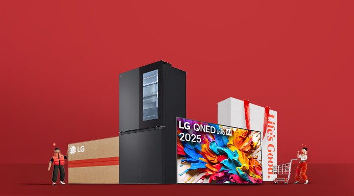 Büyük bir LG buzdolabı ve TV ortada, iki yanında kargo kutuları ve alışveriş çantaları var. Joy ve Rider büyük LG ürünlerine şaşkınlıkla bakıyor