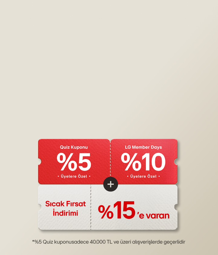 Yan yana yerleştirilmiş üç bilet görseli: üzerinde “%5 QUIZ Kuponu”, “Üyelere Özel LG Member Days %10 İndirim Kuponu” ve “Sıcak Fırsat İndirimi  %15’e Varan İndirim” yazıyor.