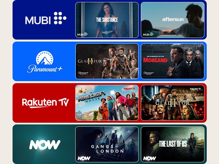 Programlar, filmler ve belgeseller dahil olmak üzere çeşitli yayın içeriği seçeneklerini gösteren ve her biri iki TV programı küçük resmine sahip popüler yayın hizmetlerinin logolarını içeren dört renkli kutu.