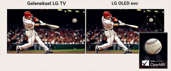 Beyzbol maçından bir karenin yan yana karşılaştırması. Geleneksel etiketi taşıyan tarafta, oyuncunun beyzbol sopası ve beyzbol topu etrafında çok fazla hareket bulanıklığı var. LG OLED evo etiketli diğer tarafta hareket, bulanıklık olmadan mükemmel bir şekilde yakalanmış.