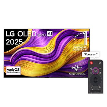 LG OLED evo AI G5 4K Smart TV’nin önden görünümü. Ekranda 12 yıldır dünyanın 1 numaralı OLED’i amblemi ve LG OLED evo AI 2025 logosu yer alıyor.