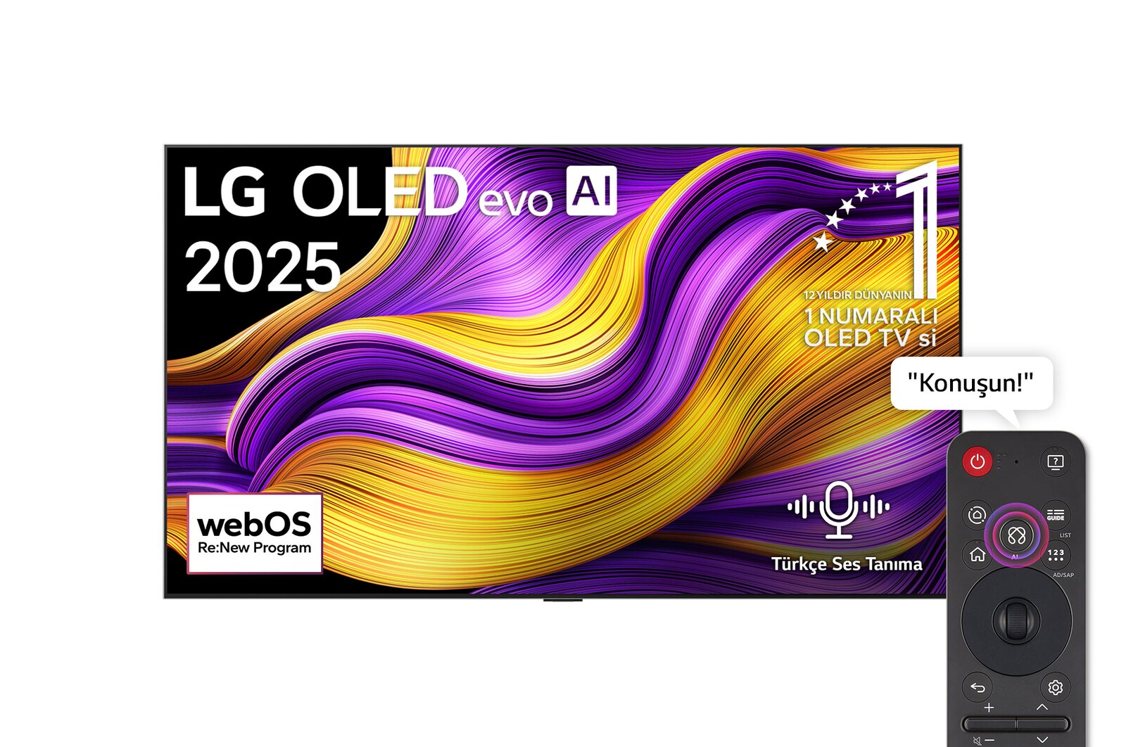 LG OLED evo AI G5 4K Smart TV’nin önden görünümü. Ekranda 12 yıldır dünyanın 1 numaralı OLED’i amblemi ve LG OLED evo AI 2025 logosu yer alıyor.