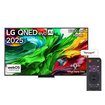 LG QNED evo QNED85 TV’nin önden görünümü, üst köşede LG QNED evo AI logosu. LG QNED evo QNED85 TV ekranında renkli boya benzeri dokuların birbirine karışması gösteriliyor.