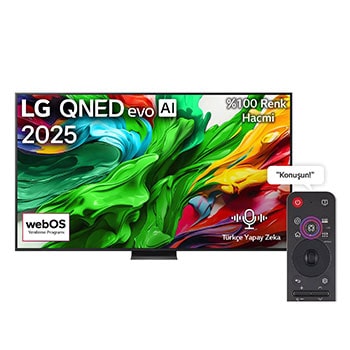 LG QNED evo QNED85 TV’nin önden görünümü, üst köşede LG QNED evo AI logosu. LG QNED evo QNED85 TV ekranında renkli boya benzeri dokuların birbirine karışması gösteriliyor.