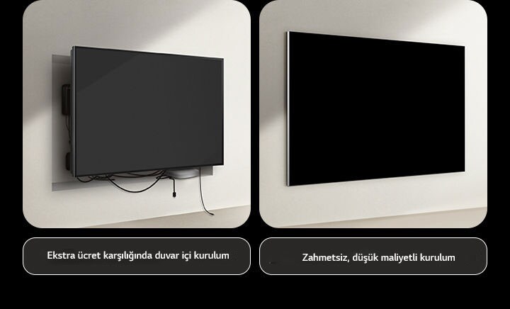 Kurulum açısından kablolu TV ile LG Kablosuz Görüntü İletebilen TV TV'nin yan yana karşılaştırması. Kablolu TV tarafında, diğer tüm cihazları TV’nin arkasına saklamak için ekstra kuruluma ihtiyaç duyulduğu görünüyor. Karmaşık kurulum ve kablolar yine de açıklıklardan görünüyor. Etikette ekstra ücret karşılığında duvar içi kurulum yazıyor. LG Kablosuz Görüntü İletebilen TV TV tarafında ise TV duvara temiz bir şekilde monte edilmiş. Görünen kablo veya cihaz bulunmuyor. Etikette zahmetsiz, maliyetsiz kurulum yazıyor.