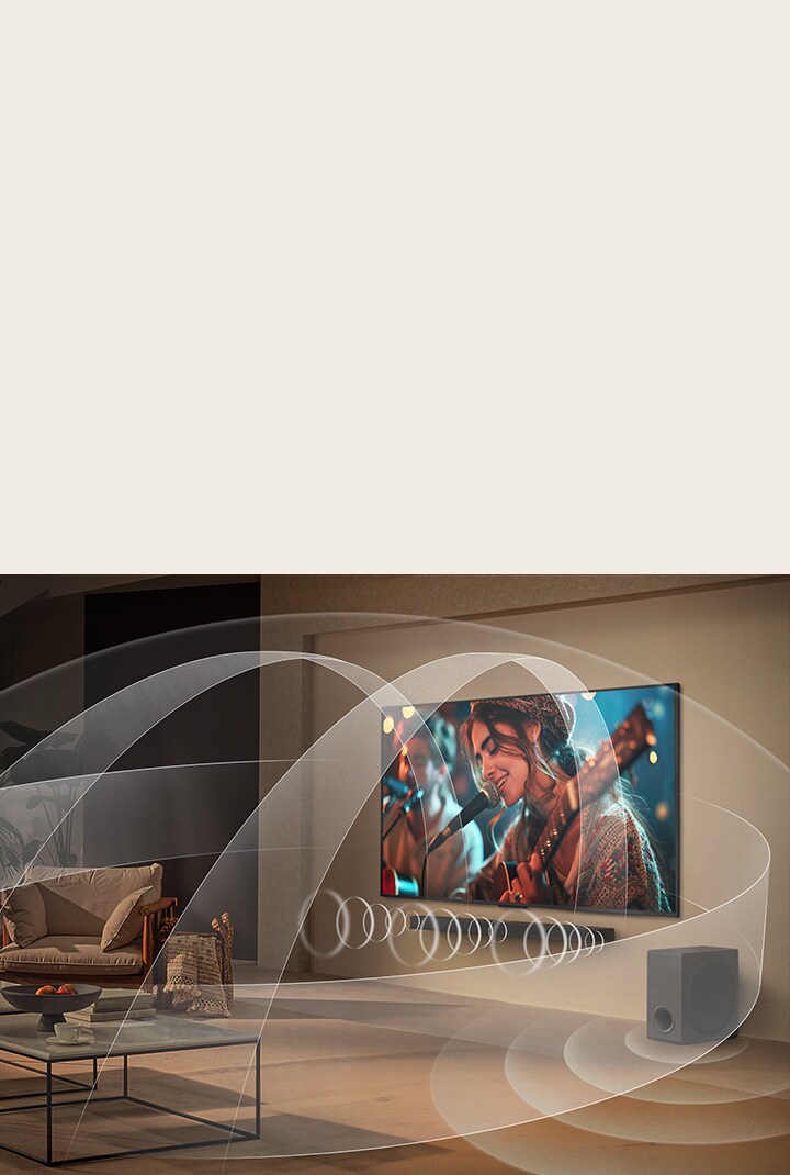 Görüntüde, LG QNED TV ve LG Soundbar’ın bulunduğu bir oturma odasında her iki cihazın alanı çoklu çevreleyen sesle nasıl doldurduğunu görselleştiren grafikler yer alıyor.