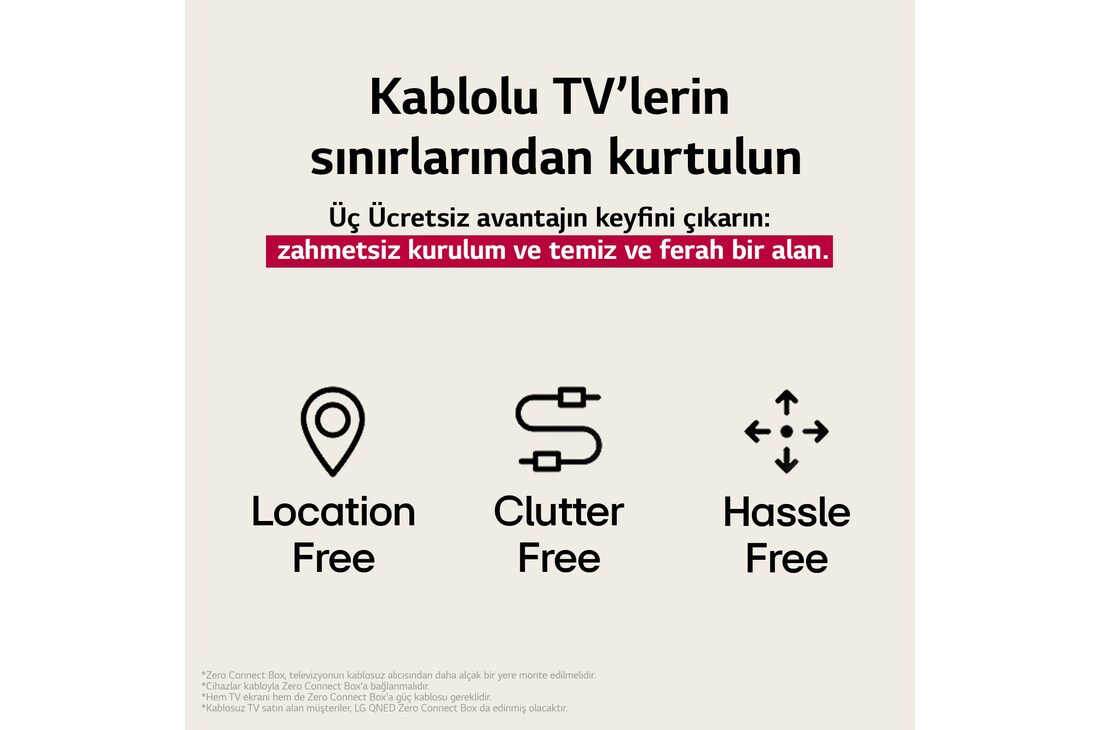 LG Tamamen Kablosuz TV’nin sağladığı 3 avantajı temsil eden üç simge. Mekandan bağımsız, karmaşasız, zahmetsiz. Metin, kablolu TV’nin sınırlamalarından özgürleşmekten ve zahmetsiz bir kurulum ile temiz ve ferah bir alanın tadını çıkarmaktan söz ediyor.