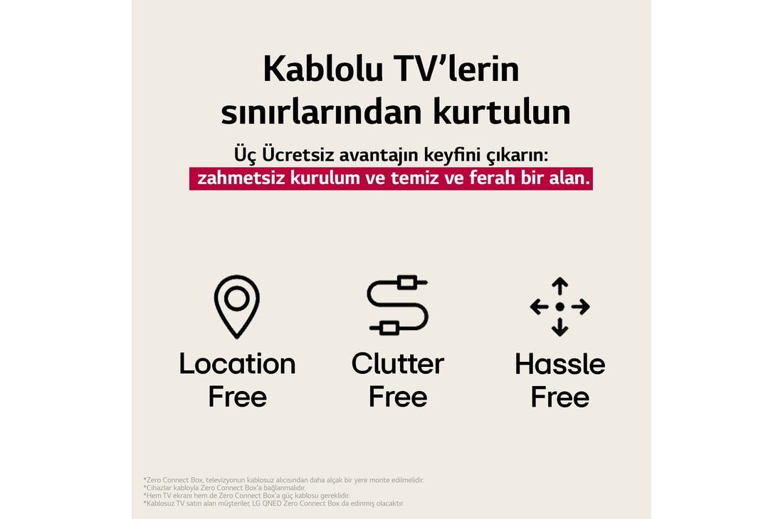LG Tamamen Kablosuz TV’nin sağladığı 3 avantajı temsil eden üç simge. Mekandan bağımsız, karmaşasız, zahmetsiz. Metin, kablolu TV’nin sınırlamalarından özgürleşmekten ve zahmetsiz bir kurulum ile temiz ve ferah bir alanın tadını çıkarmaktan söz ediyor.