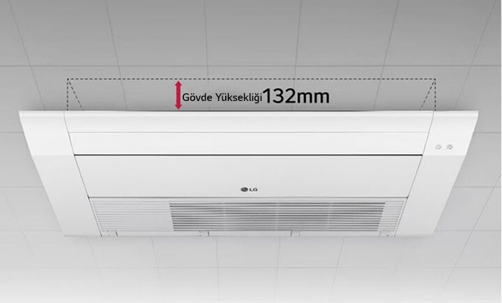 Noktalı çizgi ve kırmızı ok işaretiyle ünitenin 132 mm gövde yüksekliğini gösteren LG Tek Yönlü Tavan Kaseti görüntüsü.