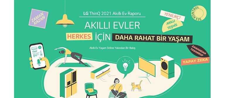 Akıllı Evler: Herkes İçin Daha Rahat Bir Yaşam&quot; metninin olduğu akıllı ev aletleri illüstrasyonu