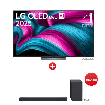 Önden görünüm 83 inç LG OLED AI C5 4K Smart TV AI Sihirli Kumanda Dolby Vision webOS25 2025 OLED83C5.SC9S ve SC9S Soundbar