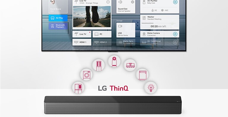 Duvarda asılı TV. TV'nin altında LG Soundbar. TV ve LG Soundbar arasında LG ThinQ logosu ve cihaz simgeleri gösterilir.