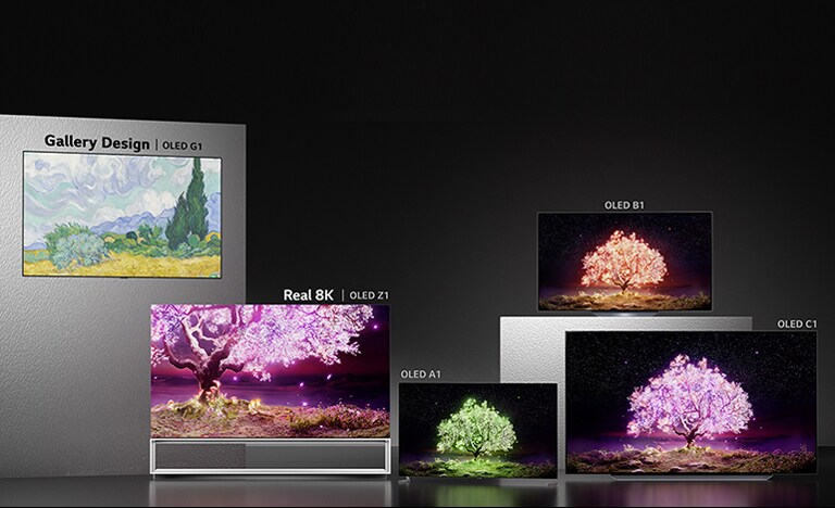Karanlık bir fonun önüne dizilen Gallery Design OLED G1, Real 8K OLED Z1, OLED A1, OLED B1 ve OLED C1 TV'ler.