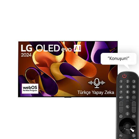 Önden görünümde LG OLED evo G4 TV OLED77G45LW, 'Dünyanın 11 Yıldır 1 Numaralı OLED'i' amblemi, 5 Yıl Panel Garantisi logosu ve altında bir soundbar gösterilmektedir.