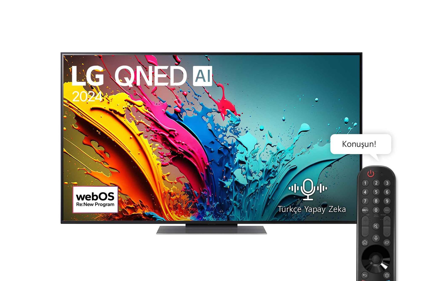 LG QNED TV, QNED86’un önden görünümü. Ekranda LG QNED, 2024 yazısı ve webOS Yenileme Programı logosu yer alıyor.