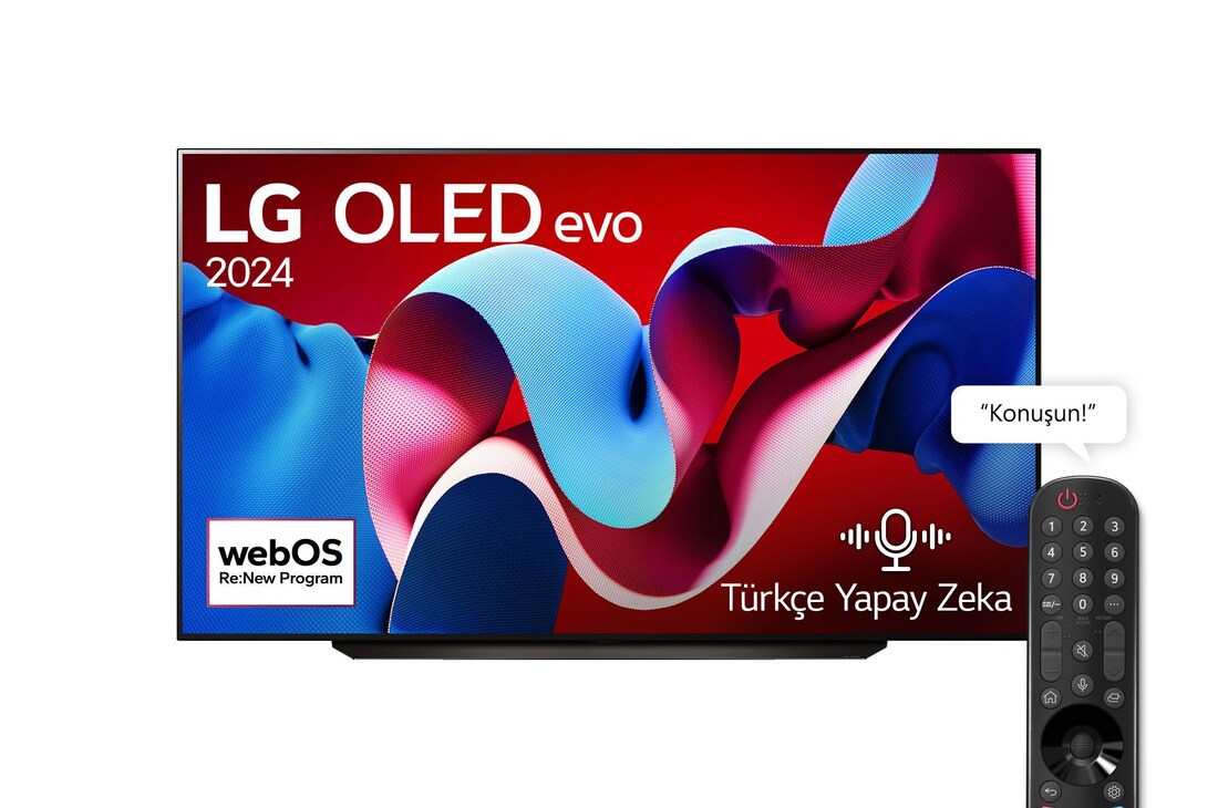 LG OLED evo AI TV, OLED C4’ün önden görünümü. Ekranda 11 Yıldır Dünyanın 1 Numaralı OLED’i amblemi ve webOS Re:New Program logosu.