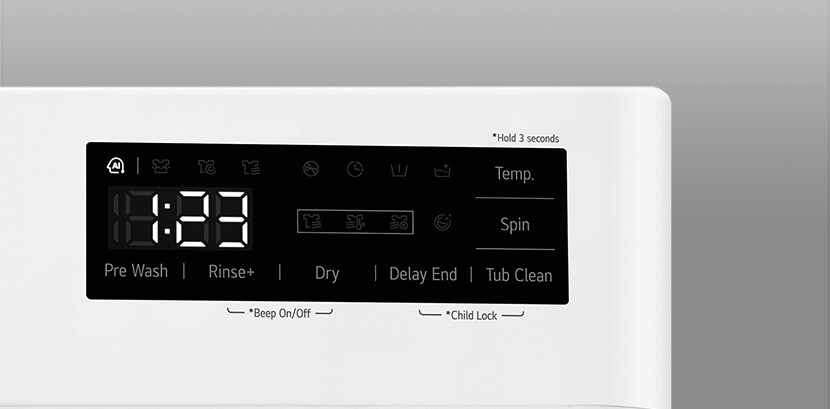 Ekranı net bir şekilde gösteren çamaşır makinesi panelinin genişletilmiş görüntüsü.