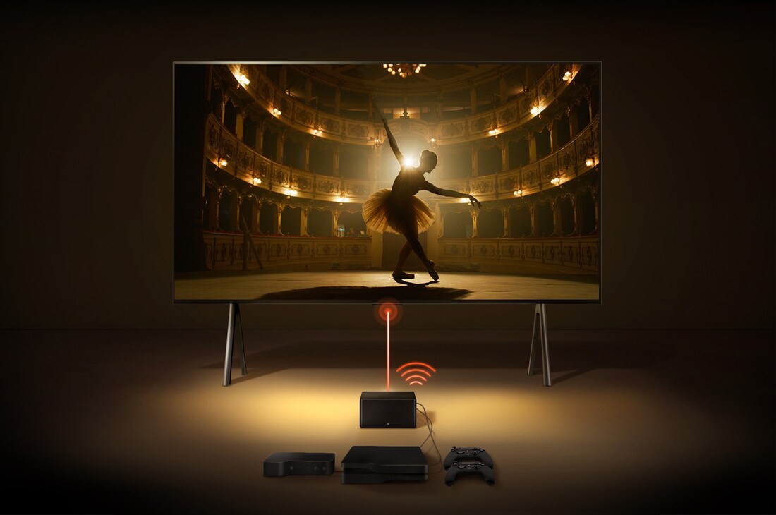 A Zero Connect Box in front of an LG SIGNATURE OLED M4, and a red Wi-Fi signal and red beam emitting towards the TV. The TV displays a ballerina dancing solo on stage.