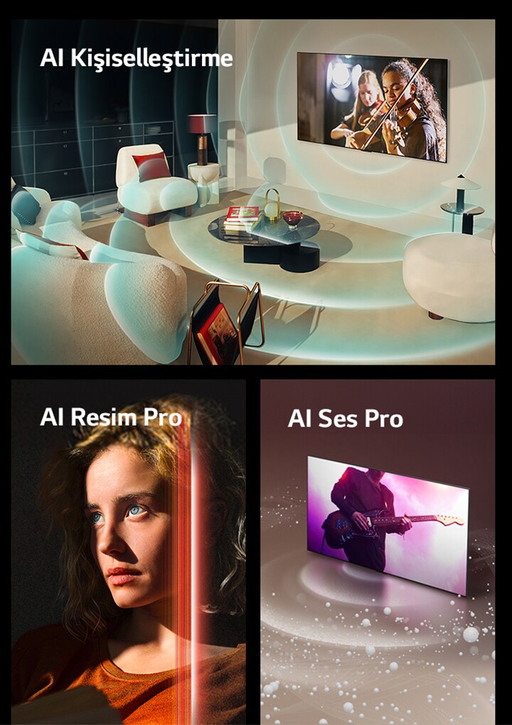 Üç görüntü gösteriliyor. İlk görüntüde, modern bir yaşam alanına yerleştirilen LG SIGNATURE OLED M4 ekranında müzik performansı sergileniyor. Kişiselleştirmeyi tasvir eden mavi renkte dairesel dalgalar TV ve mekanı çevreliyor. İkinci görüntüde, karanlık bir mekanda keskin mavi gözlere sahip ve koyu turuncu bir üst giyen kadın gösteriliyor. AI geliştirmelerini tasvir eden kırmızı çizgiler parlak ve detaylı yüzün bir kısmını kapatırken görüntünün kalan kısmı donuk görünüyor. Üçüncü görüntüde, ekrandan çıkan ses baloncukları ve dalgalarının mekanı kapladığı LG SIGNATURE OLED M4 görüntüsü yer alıyor.