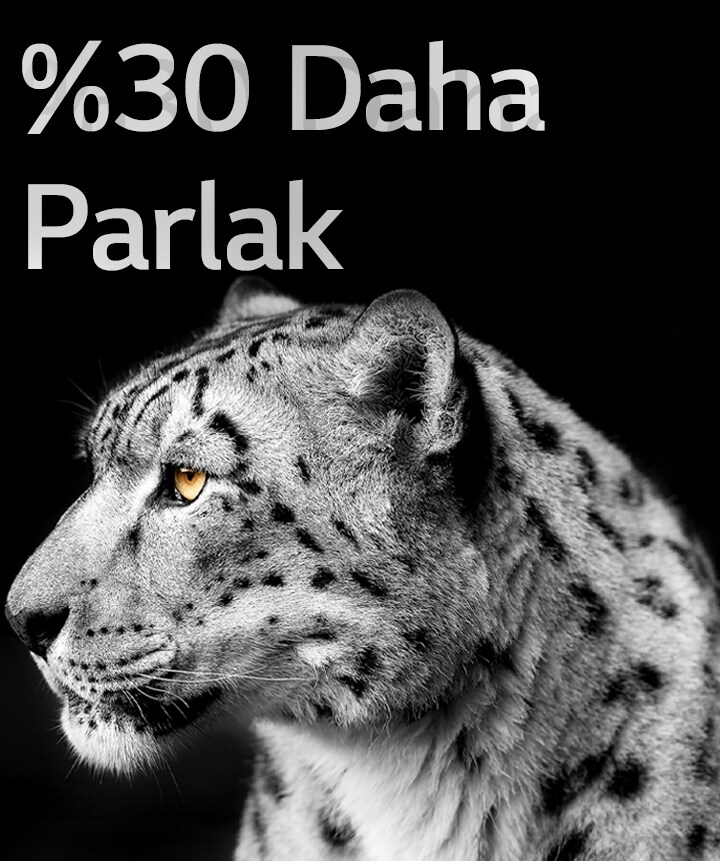 Görüntünün sol tarafında, beyaz bir leoparın yüzü görünmektedir. Solda, 'Up to 30% brighter.' metni, LG'nin Brightness Booster özelliğini göstermektedir.