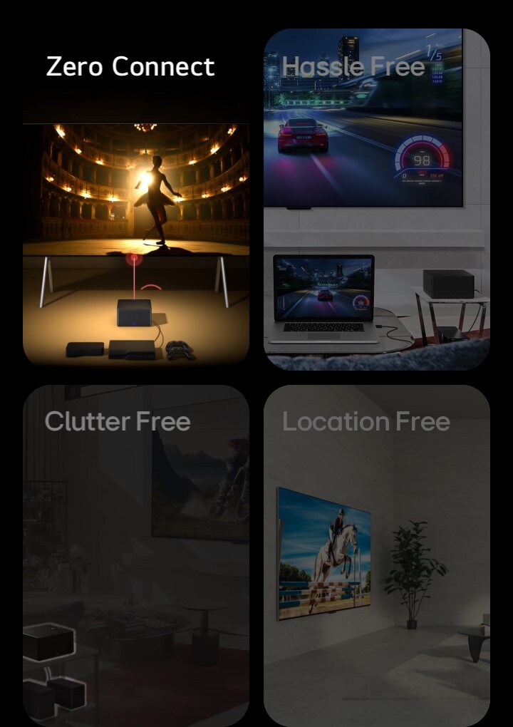 LG SIGNATURE OLED M4, karanlık bir alanda bir spot ışığı ile aydınlatılmış ve dağınık görünen birçok kablo ile. Zero Connect Box, düzenli bir şekilde organize edilmiş cihazlar ve konsollar ile belirmektedir.
