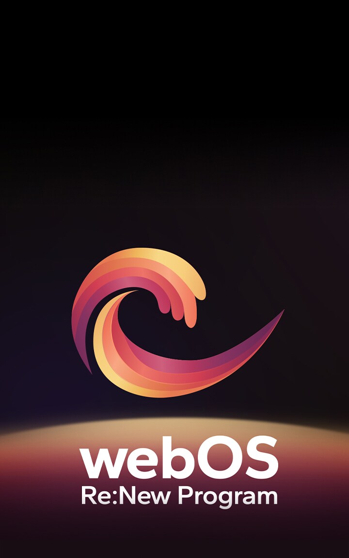 Siyah arkaplan üzerinde ortada webOS logosu asılı duruyor ve altındaki boşluk logodaki kırmızı, turuncu ve sarı renklerle aydınlatılıyor. Logonun altında "webOS Re:New Program" yazısı yer alıyor.