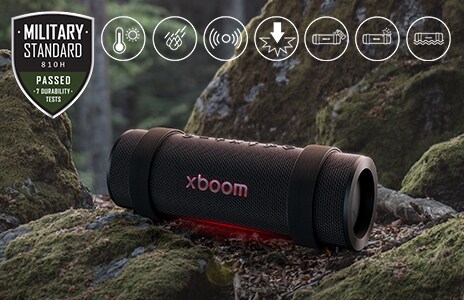 xboom Grab’in iç üniteleri, woofer ve tweeter, tweeter ritmik bir şekilde ileri hareket edip titreşirken gösteriliyor.
