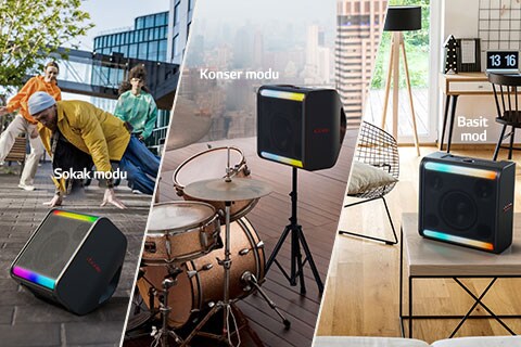 Solda xboom Stage 301 dans eden insanların önünde yerde duruyor. Ortada xboom Stage 301 davul setinin yanındaki stantta duruyor. Sağda xboom Stage 301 bir oturma odasında masada duruyor.