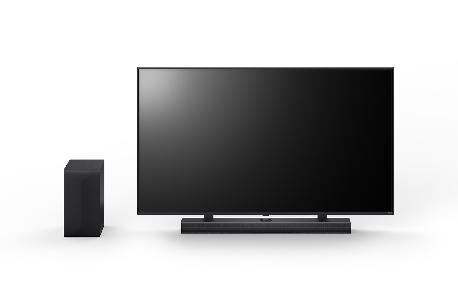 65 inç LG QNED, LG Soundbar S70TY ve subwoofer’ın önden görünümü