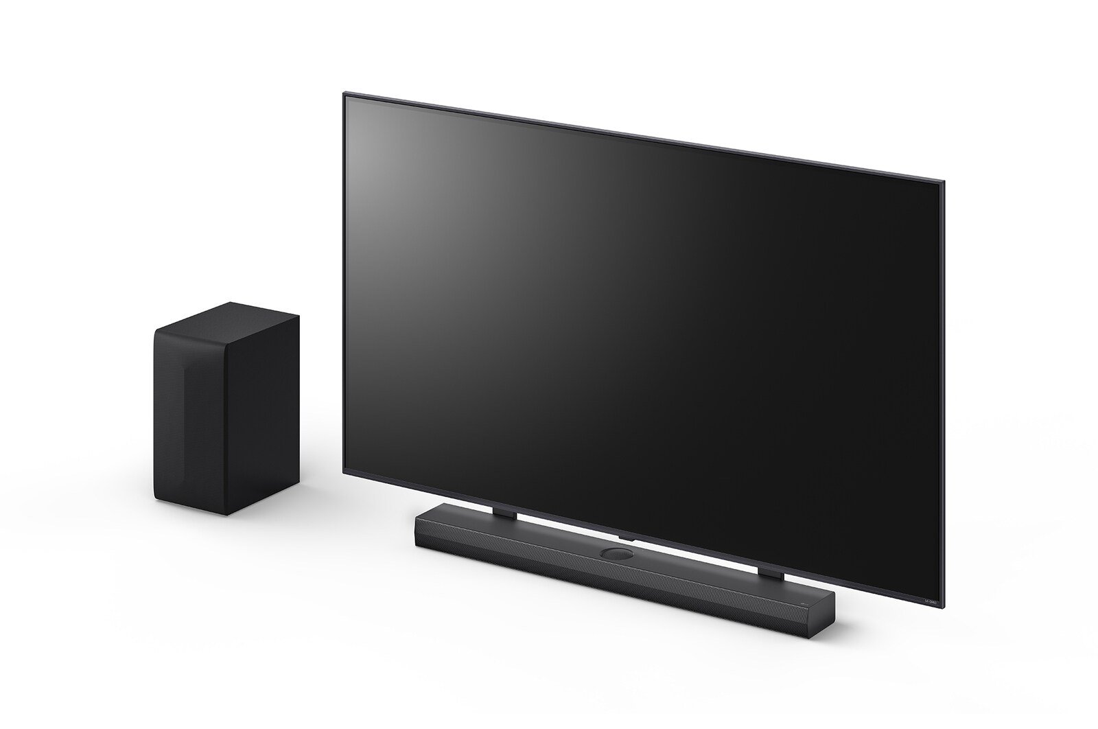 65 inç LG QNED, LG Soundbar S70TY ve subwoofer’ın açılı görünümü